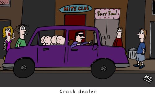 A shifty character drives down a city street with two naked bottoms hanging out the window - Crack dealer