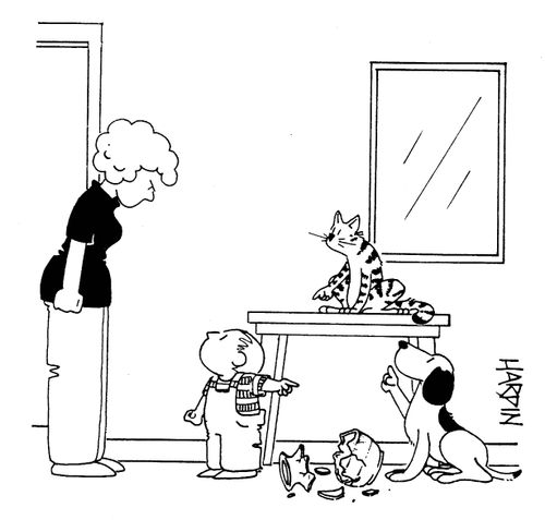 Child, dog, and cat all pointing to each other over a broken vase.