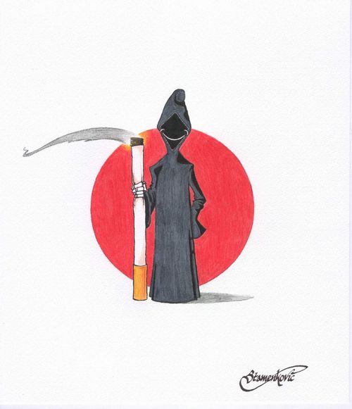 Grim Reaper holding a cigarette.