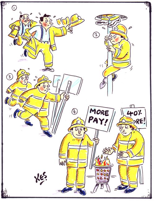 Firemen rushing to the picket line.