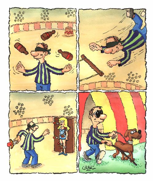 Blindfolded circus act is blind (colour)
