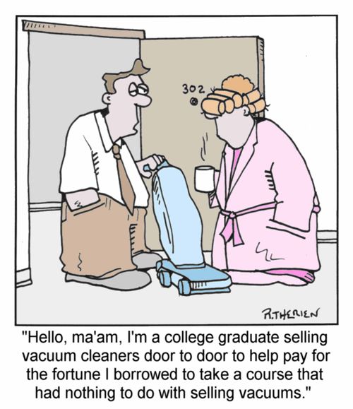 College graduate selling vacuums to pay back his loan (Colour)