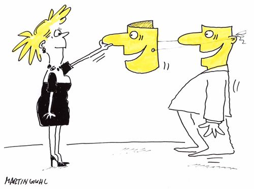 Woman pulling the mask off a man to reveal the same face underneath