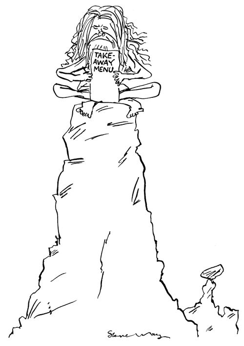 Guru on a mountain top with a take away menu