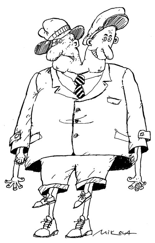 Man with two heads, one happy, one sad,also two pairs of arms and legs