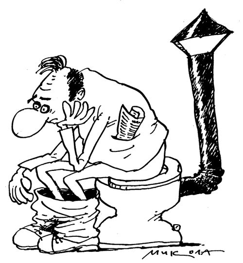 Man on toilet with funnel