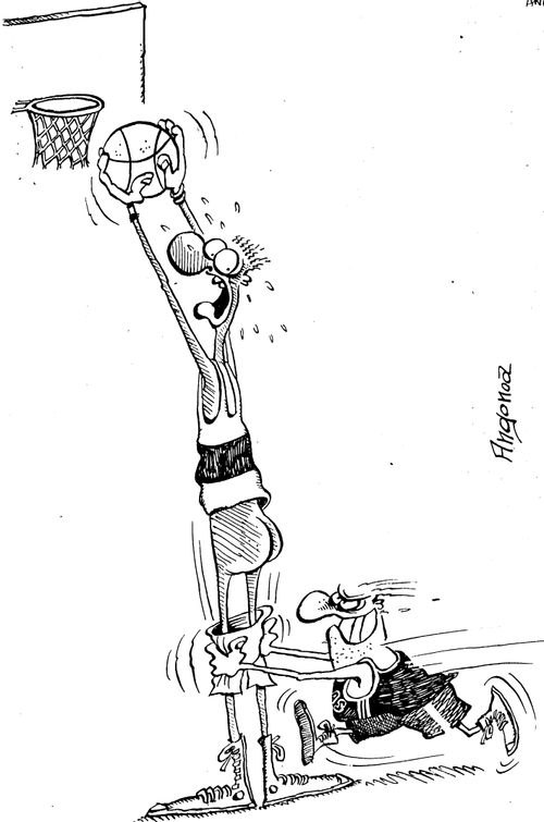 Basketball - Short player pulling down shorts of tall player.