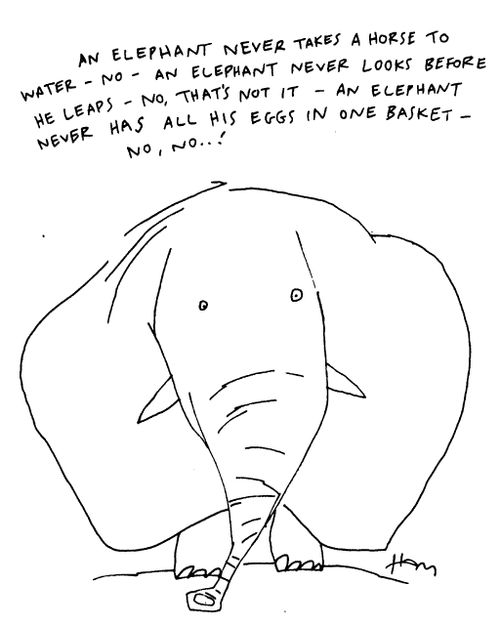 "An elephant never takes a horse to water - no - an elephant never looks before he leaps -no, that's not it - an elephant never has all his eggs in one basket - no, no.....!"