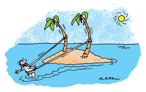 Man on desert island using elastic to shoot him off the island.