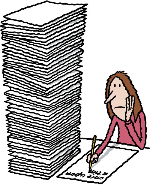 Bored woman writing immensely long essay.