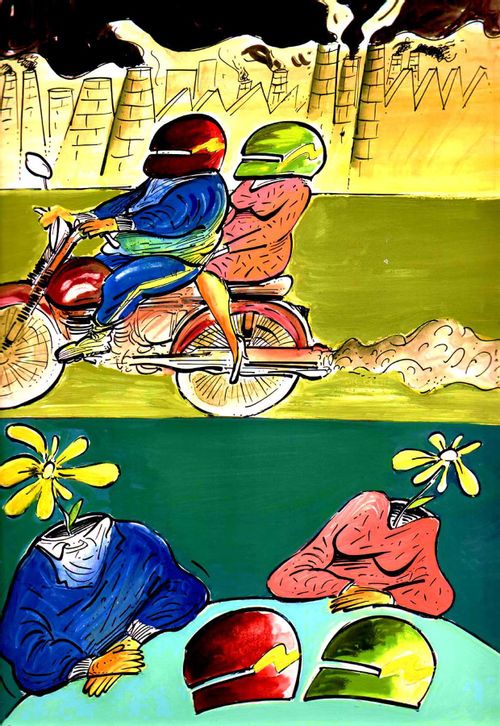 Couple riding on a motercycle speeding along take off their helmets to reveal fans for heads.