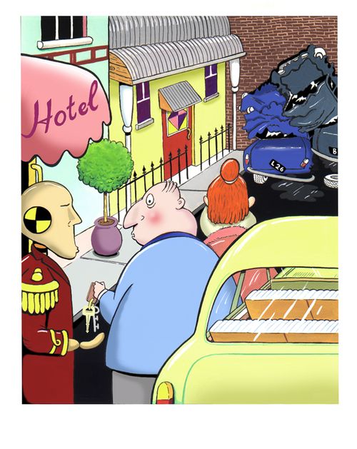 The hotel driveway attendant is a Crash Test Dummy.