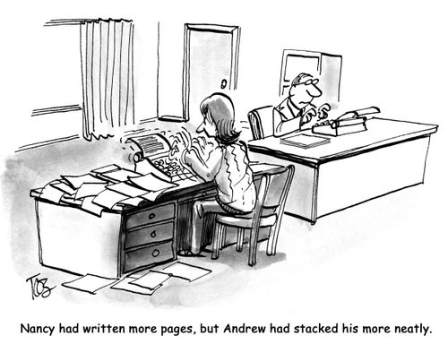 Nancy had written more pages, but Andrew had stacked his more neatly.