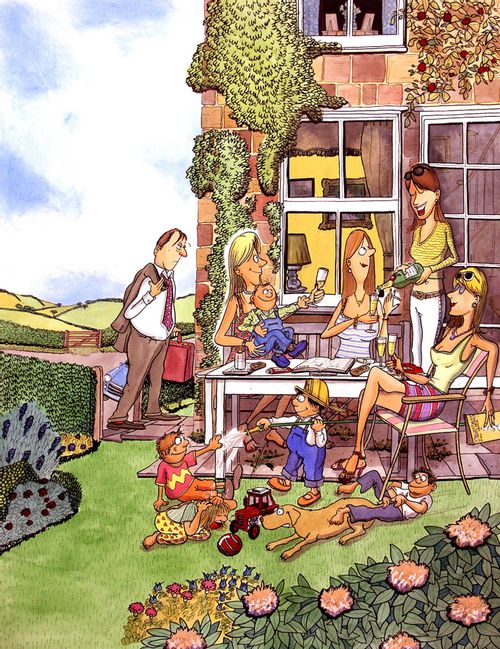 Husband gets home from work feeling dejected whilst wife is relaxing with friends.