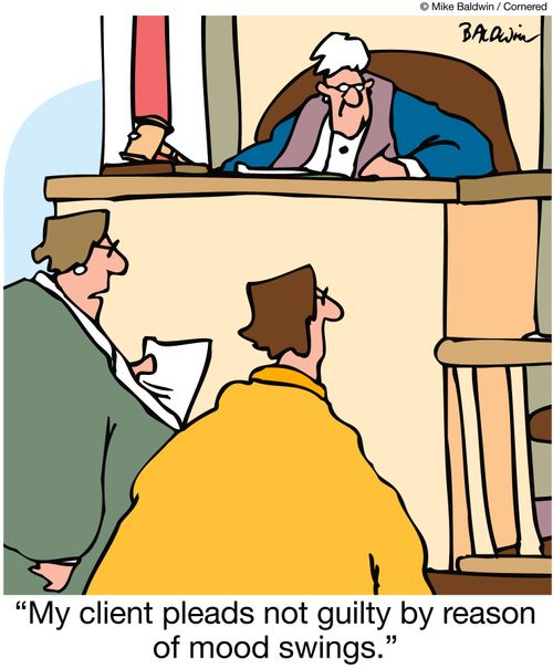 'My client pleads not guilty by reason of mood swings.'