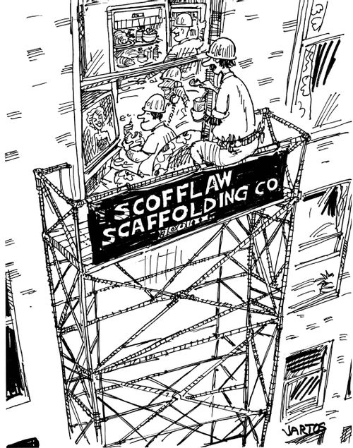 Scaffolding team watching TV.
