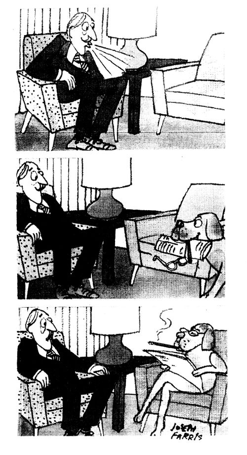 Man whistles for the dog, who brings the paper and settles down in the chair to read it.