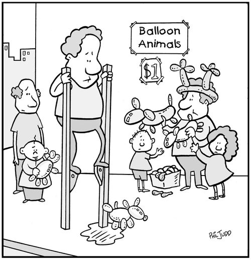 Man on stilts watching balloon dog lift it's leg. Animal Balloon maker watching on.