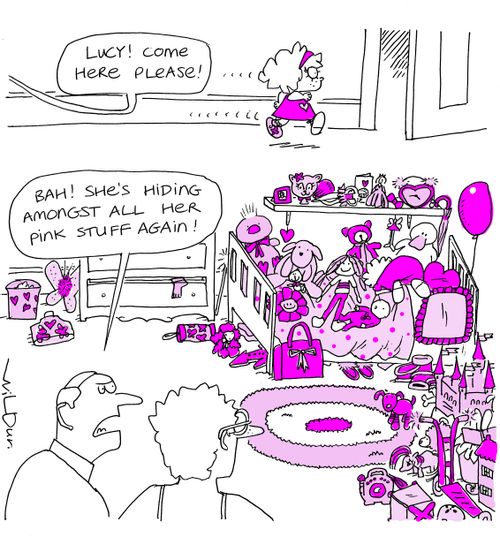 Child hides amongst her pink stuff.