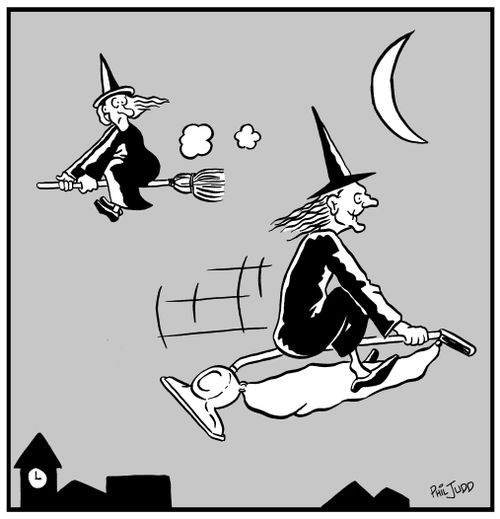 Witch riding a vacuum instead of a broom.
