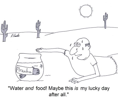 'Water and food! Maybe this is my lucky day after all.'