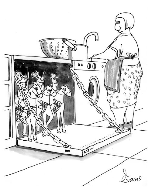 A housewife is looking at her dishwasher; the door is open, and looks like a drawbridge - men on horseback are emerging.