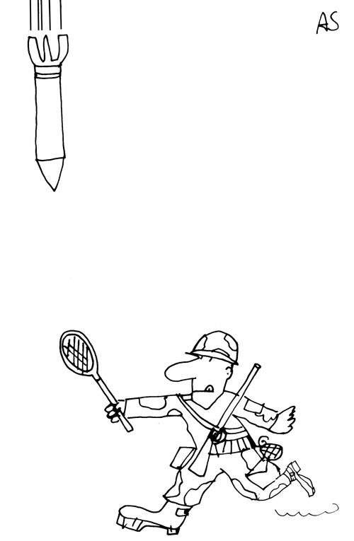 War: Soldier attempts to bat away a missile