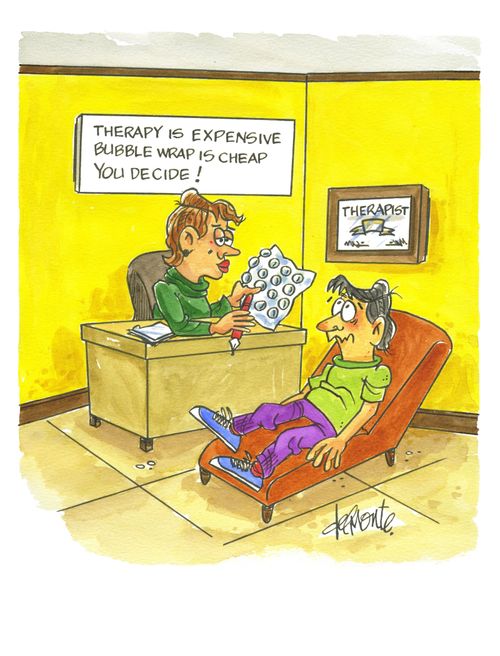 Man in Therapist office sees a sign: Therapy Is Expensive Bubble Wrap Is Cheap You Decide