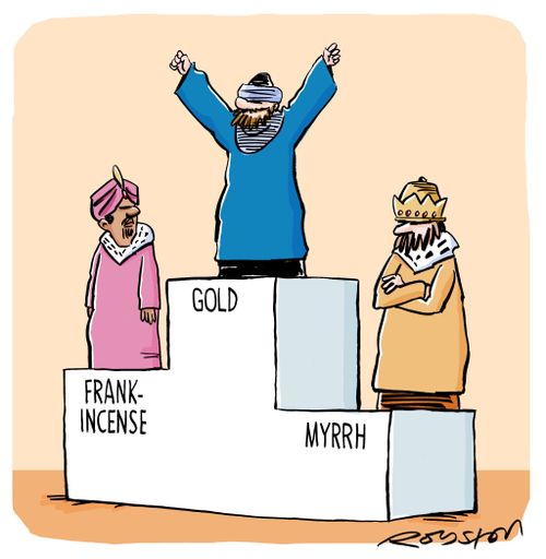 Three wise men on a medal podium.