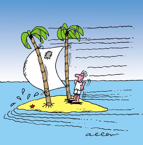 Man on desert island with a sail attached to two coconut trees.