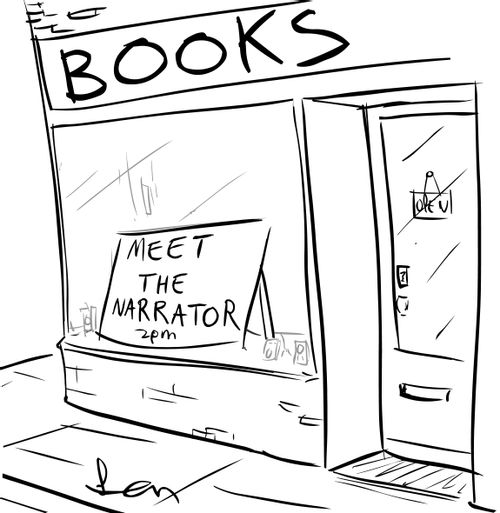 Sign in a bookshop window offers chance to meet the narrator of the audio book.