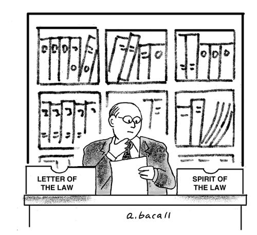 Lawyer with two desk organizers: Letter of the Law and Spirit of the Law.