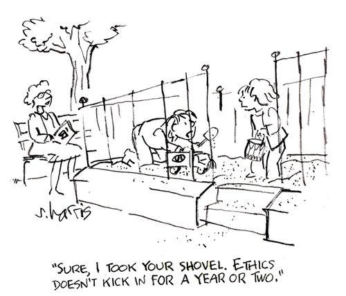 'Sure, I took your shovel.  Ethics doesn't kick in for a year or two.'