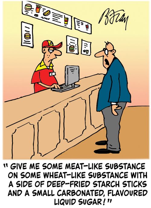 'Give me some meat-like substance on some wheat-like substance with a side of deep-fried starch sticks and a small carbonated, flavoured liquid sugar!'