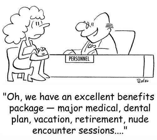 'Oh, we have an excellent benefits package â€ major medical, dental plan, vacation, retirement, nude encounter sessions....'