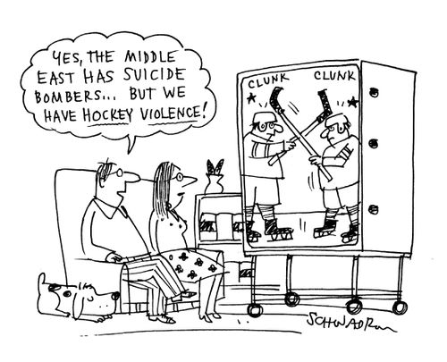 'Yes, the middle east has suicide bombers...but we have hockey violence!' 