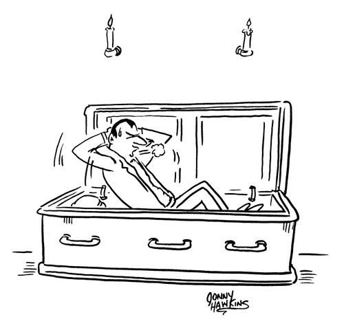 Vampire doing sit ups in his coffin.
