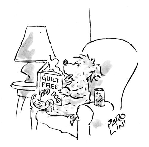 Dog reading 'Guilt free bad dog' whilst smoking and drinking.