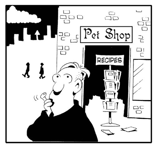 Pet shop with recipes stand outside.