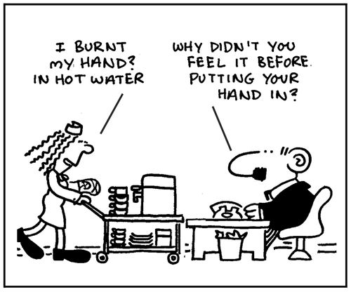'I burnt my hand in hot water.' - 'Why didn't you feel it before putting your hand in?'