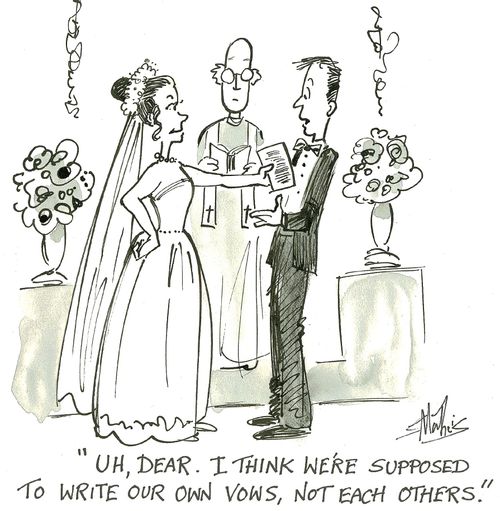 'uh, dear. I think we're supposed to write our own vows, not each others.'