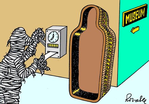 Mummy clocking in at a museum.