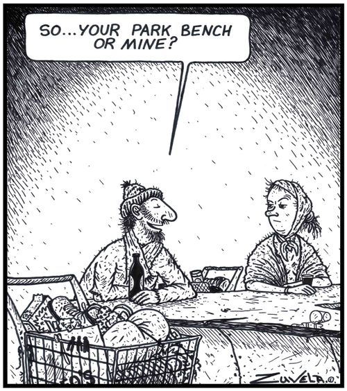 Homeless Man: 'So...your Park bench or mine?' 