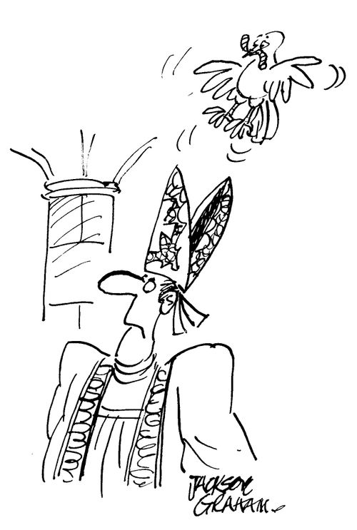 Bird trying to feed a bishop's hat.