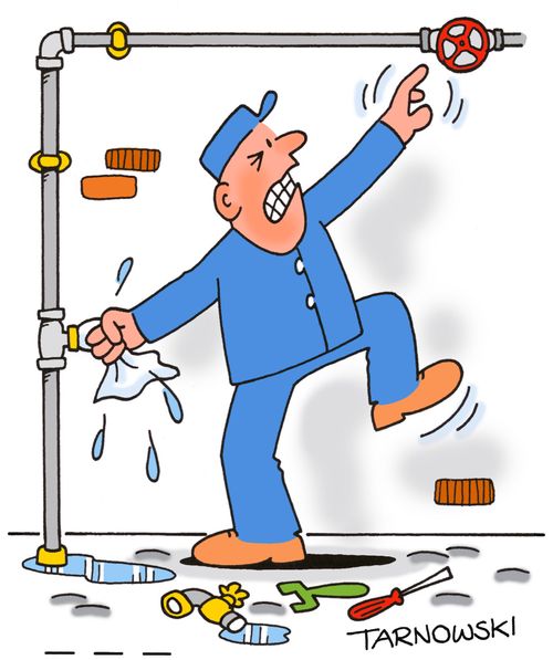 Plumber plugging a hole and trying to reach a valve.
