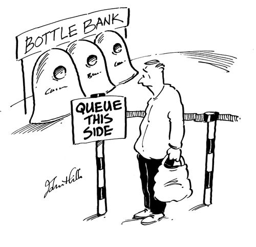 Bottle bank queue.