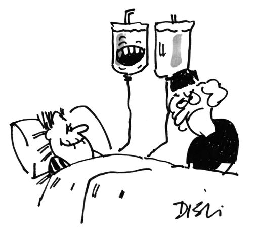 Man in hospital bed with a drip has placed his false teeth in the bag