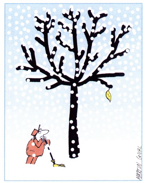 Grounds keeper waiting with a brush for the last leaf to fall from a tree