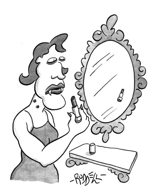 Lady vampire putting lipstick on in a mirror with no reflection