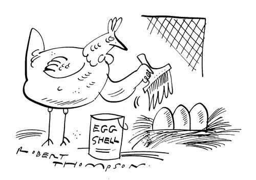 A hen paninting her eggs with egg-shell paint